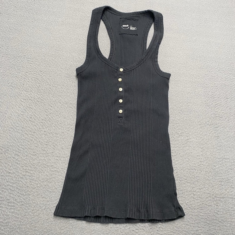 Aerie Tank Top Womens Small Black Ribbed Henley Racerback Stretch Knit